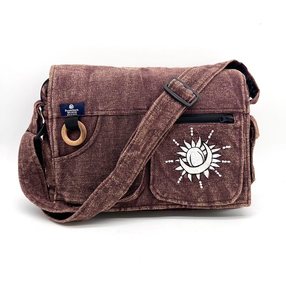 Koshi Brown Laptop Messenger Bag with Celestial Embroidery